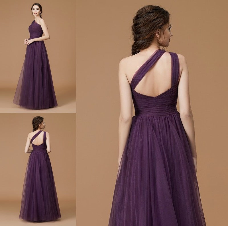 One-Shoulder Floor-Length A-Line/Princess Ruched Sleeveless Tulle Bridesmaid Dresses