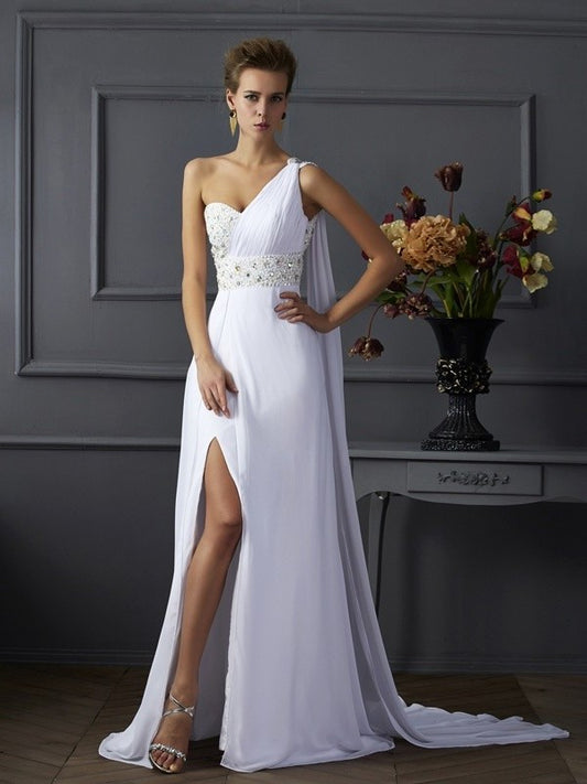 One-Shoulder Sheath/Column Sleeveless Beading Long Chiffon Dresses