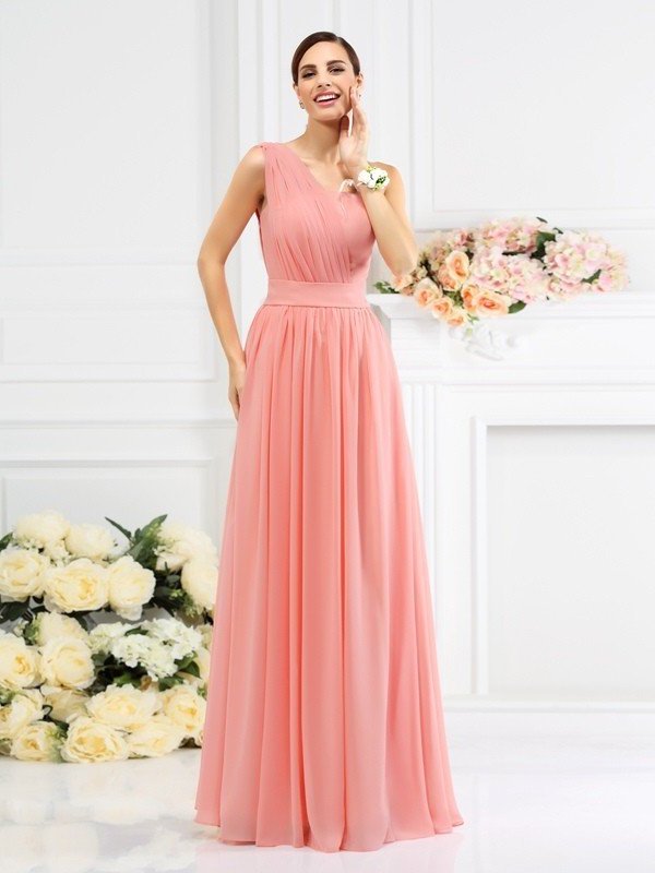 One-Shoulder Pleats A-Line/Princess Long Sleeveless Chiffon Bridesmaid Dresses