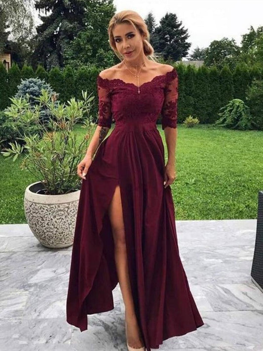 Silk like Satin Off-the-Shoulder 1/2 A-Line/Princess Applique Sleeves Floor-Length Dresses