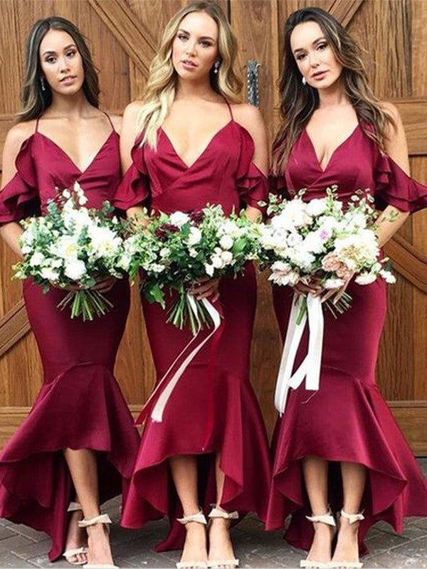 Ruffles Satin Spaghetti Woven Straps Trumpet/Mermaid Elastic Sleeveless Asymmetrical Bridesmaid Dresses