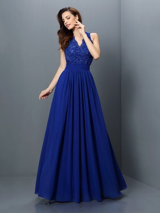 Applique Long V-neck A-Line/Princess Sleeveless Chiffon Bridesmaid Dresses