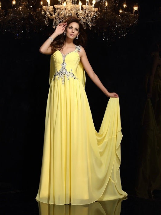 Sleeveless Beading Straps A-Line/Princess Long Chiffon Dresses