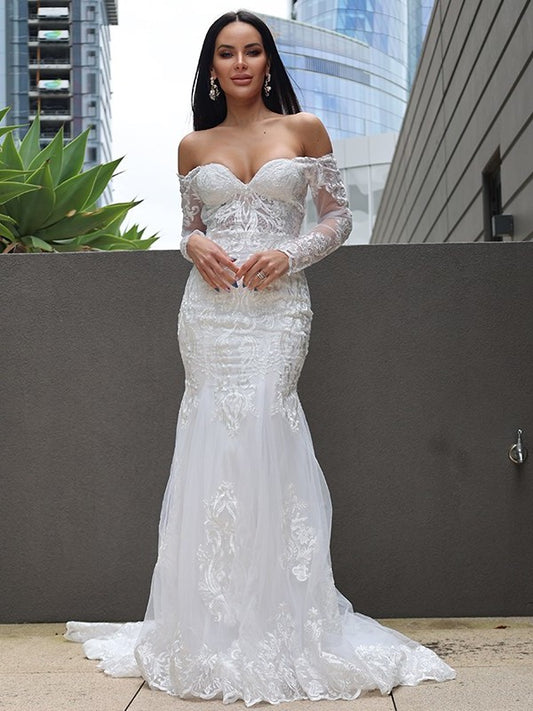 Tulle Sleeves Applique Trumpet/Mermaid Off-the-Shoulder Sweep/Brush Long Train Wedding Dresses