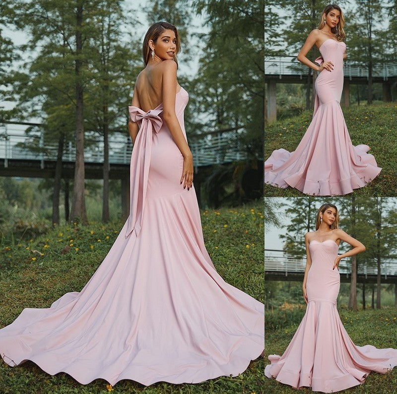 Crepe Sweetheart Bowknot Sweep/Brush Trumpet/Mermaid Sleeveless Stretch Train Bridesmaid Dresses