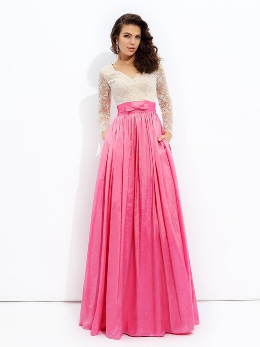 Long A-line/Princess Sleeves Lace V-neck Long Taffeta Dresses