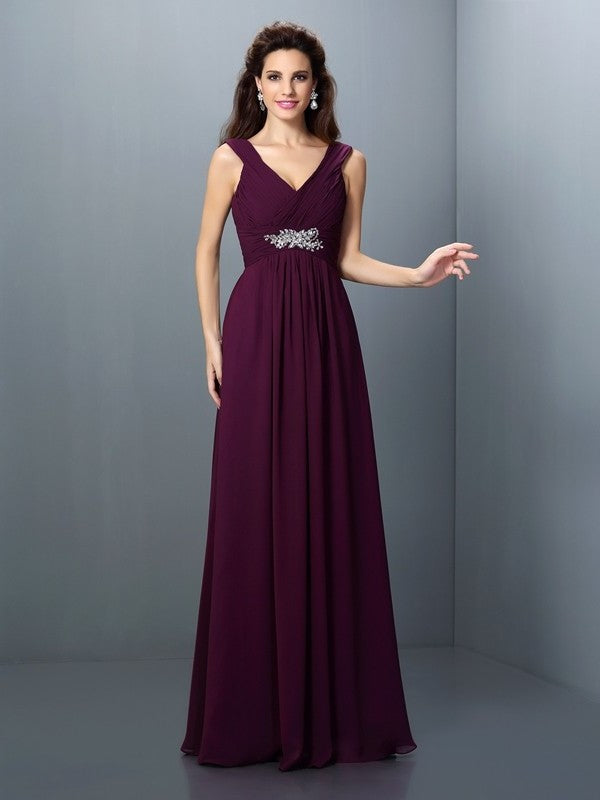 Long Sleeveless V-neck Pleats Beading A-Line/Princess Chiffon Bridesmaid Dresses