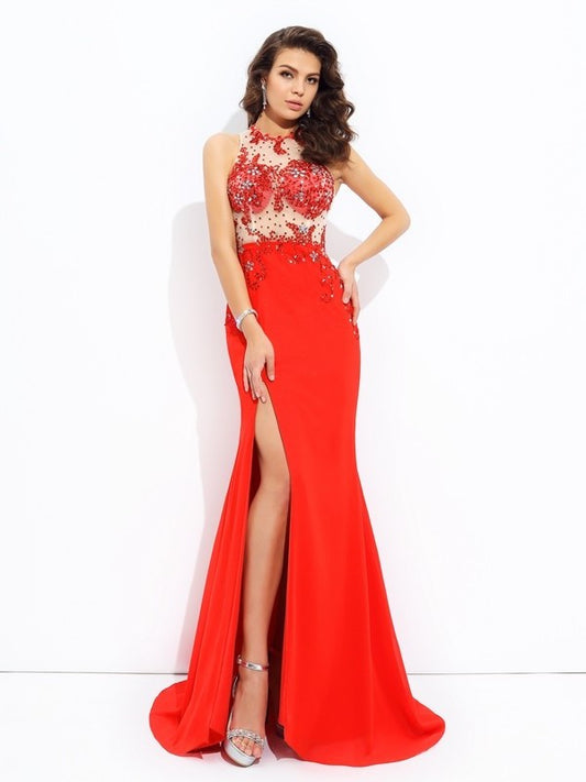 Sheath/Column Sleeveless Beading Jewel Long Chiffon Dresses