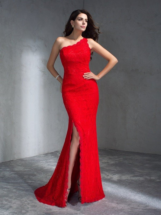 One-Shoulder Sleeveless Trumpet/Mermaid Long Lace Dresses