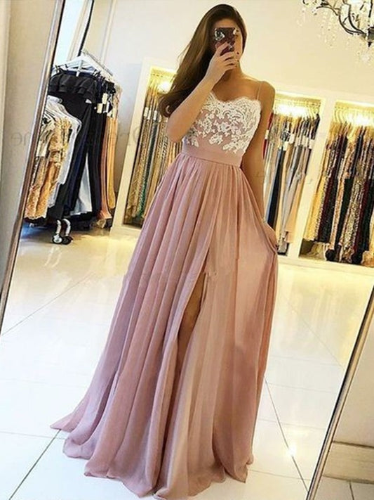 Sleeveless Straps A-Line/Princess Floor-Length Spaghetti Applique Chiffon Dresses