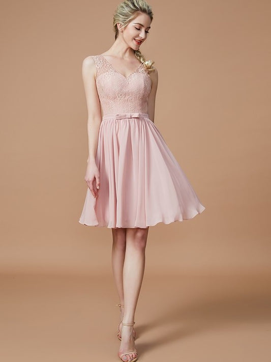 Lace Short/Mini A-Line/Princess Sleeveless V-neck Chiffon Bridesmaid Dresses