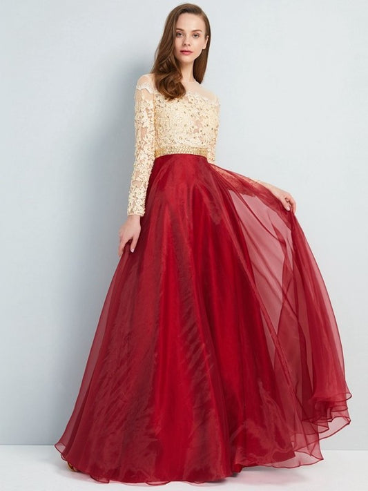 Sleeves Floor-Length A-Line/Princess Long Neck Sheer Applique Organza Dresses