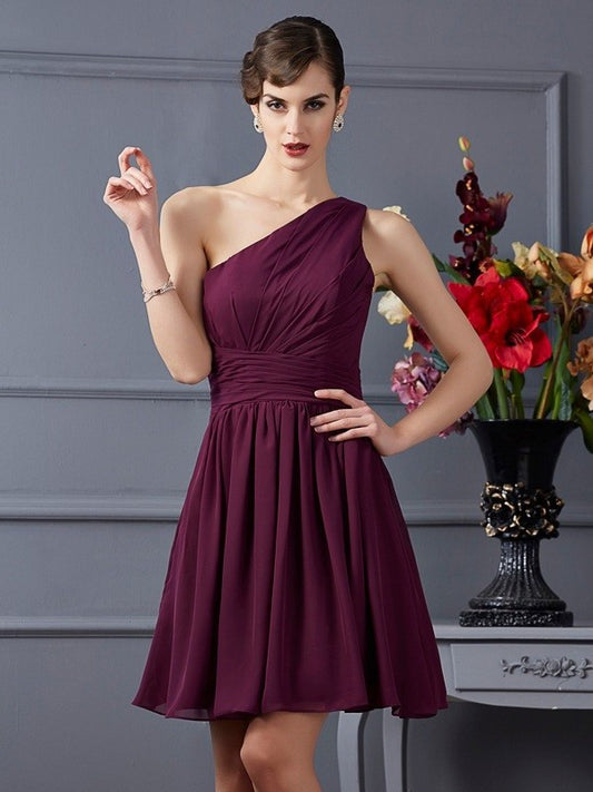 Short Pleats A-Line/Princess One-Shoulder Sleeveless Chiffon Bridesmaid Dresses