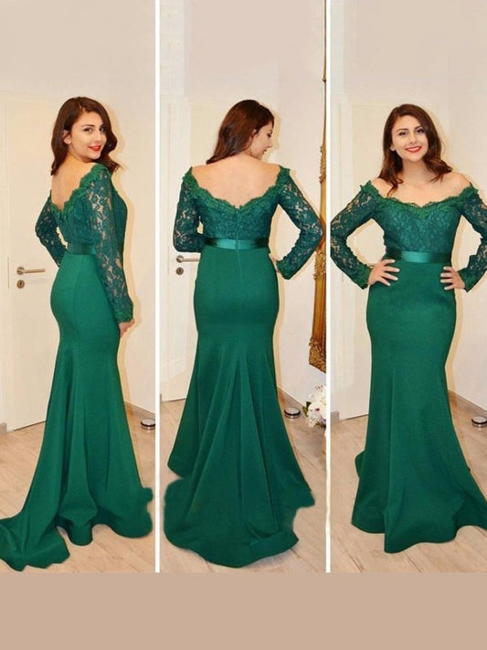 Applique Long Sweep/Brush Off-the-Shoulder Sleeves Trumpet/Mermaid Train Satin Dresses