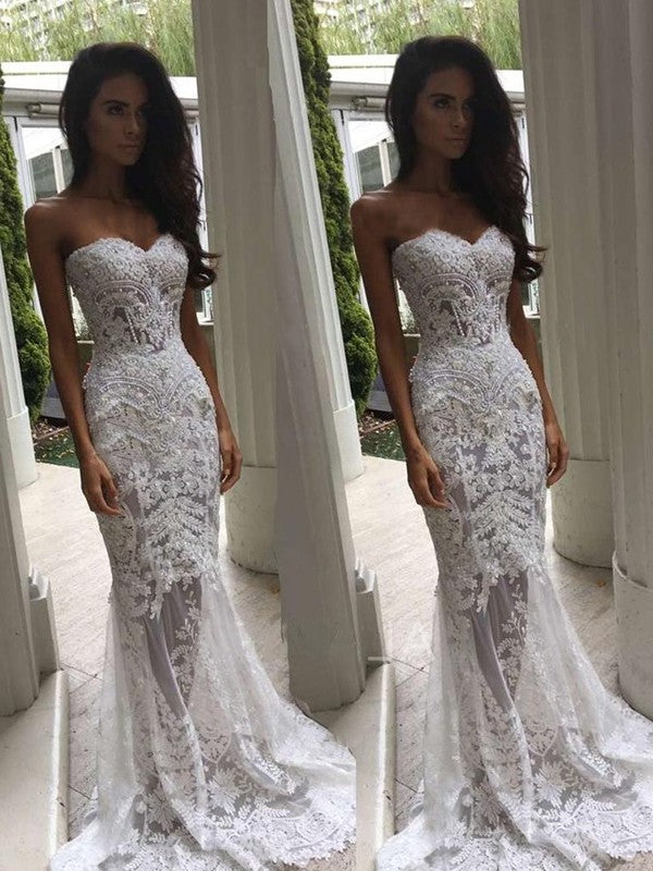 Train Trumpet/Mermaid Court Sweetheart Sleeveless Applique Lace Wedding Dresses