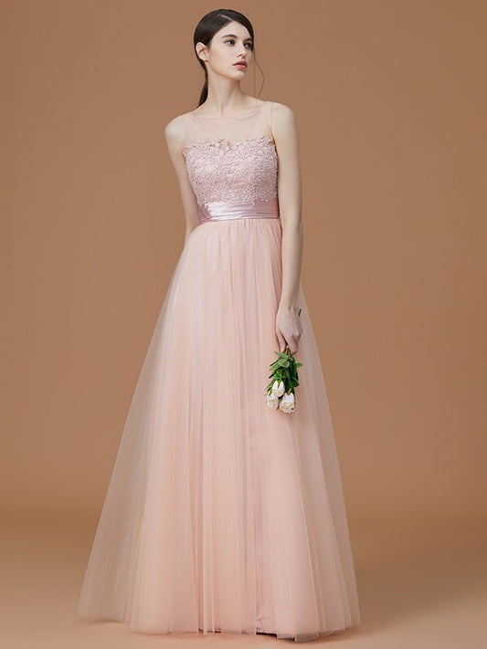 Applique Bateau Sleeveless A-Line/Princess Floor-Length Tulle Bridesmaid Dresses