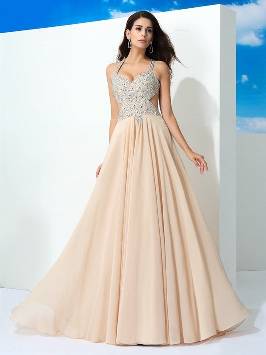 Sleeveless Straps Beading A-Line/Princess Long Chiffon Dresses