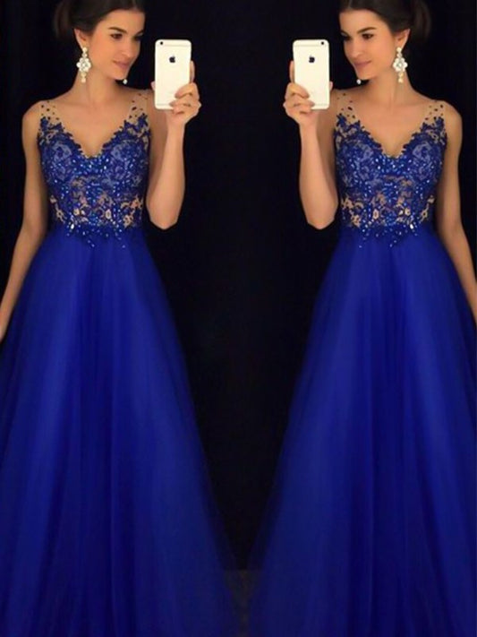 A-Line/Princess Sleeveless V-neck Floor-Length Applique Tulle Dresses