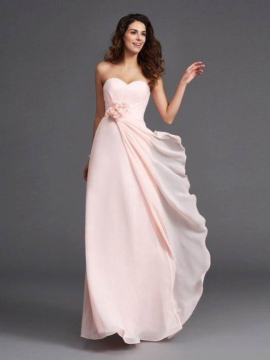 A-Line/Princess Sweetheart Flower Sleeveless Hand-Made Long Chiffon Bridesmaid Dresses