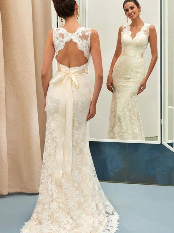 Lace Sleeveless Sash/Ribbon/Belt Trumpet/Mermaid Sweep/Brush V-neck Train Wedding Dresses