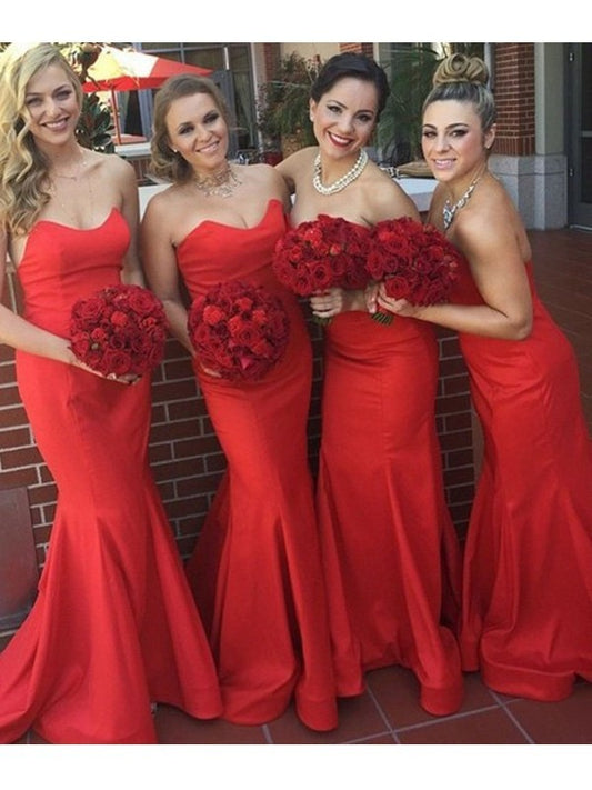 Trumpet/Mermaid Sweep/Brush Sweetheart Train Sleeveless Satin Bridesmaid Dresses