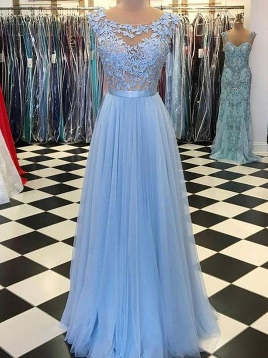 Scoop A-Line/Princess Sleeveless Floor-Length Applique Tulle Dresses