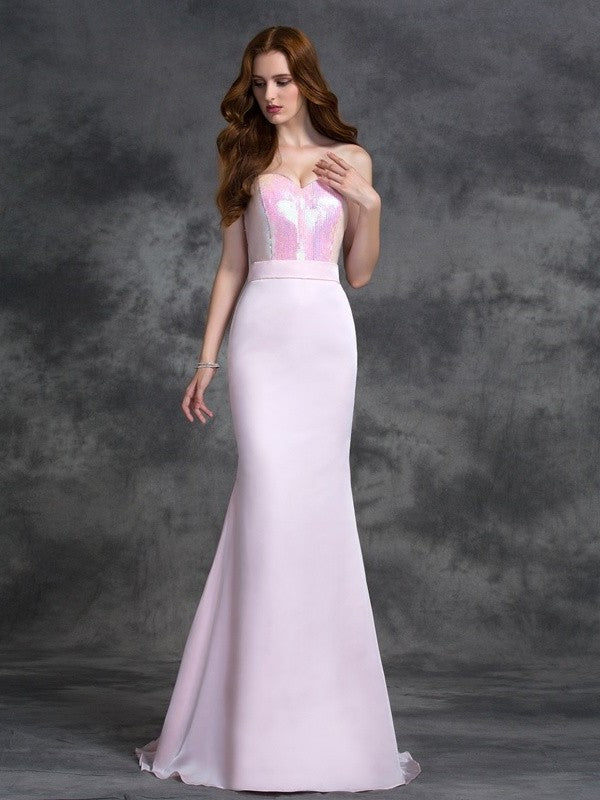 Sweetheart Beading Trumpet/Mermaid Sleeveless Satin Long Chiffon Bridesmaid Dresses