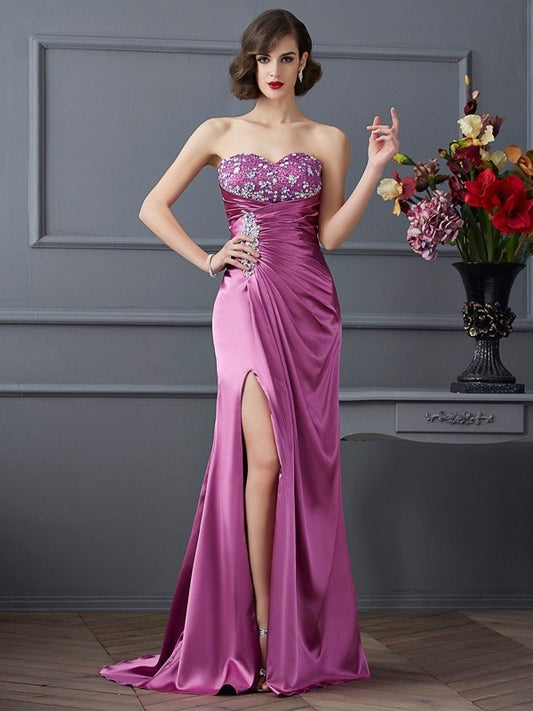 Sheath/Column Sweetheart Sleeveless Beading Elastic Long Woven Satin Dresses