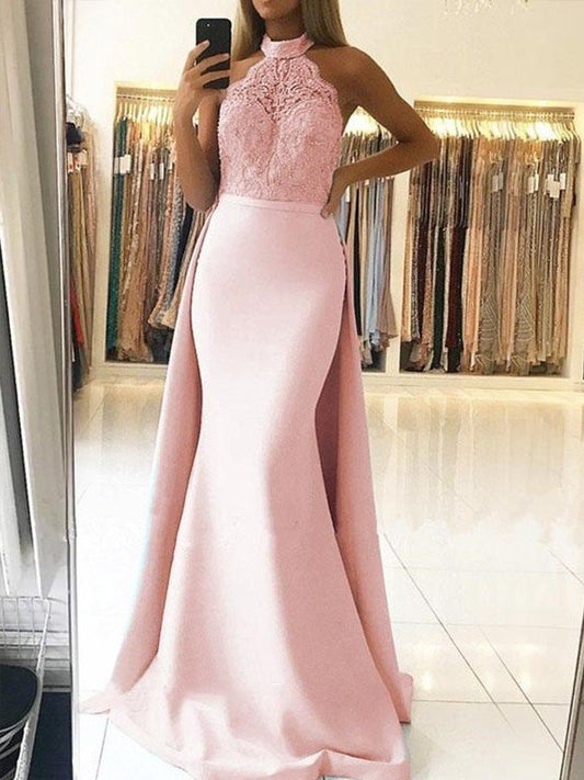 Train Trumpet/Mermaid Sleeveless Sweep/Brush Halter Lace Satin Dresses