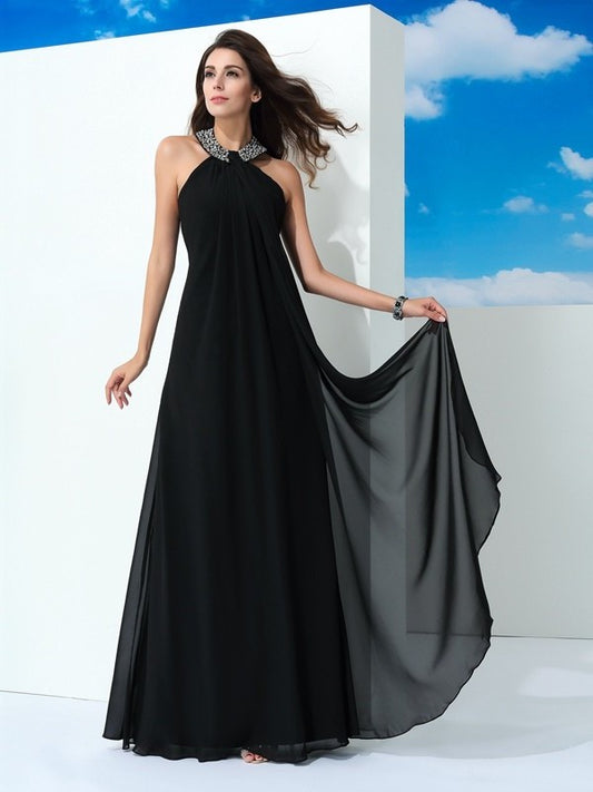 Beading Halter A-Line/Princess Sleeveless Long Chiffon Dresses