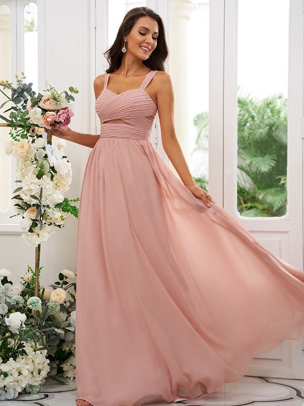 A-Line/Princess Sleeveless Straps Chiffon Ruched Floor-Length Bridesmaid Dresses