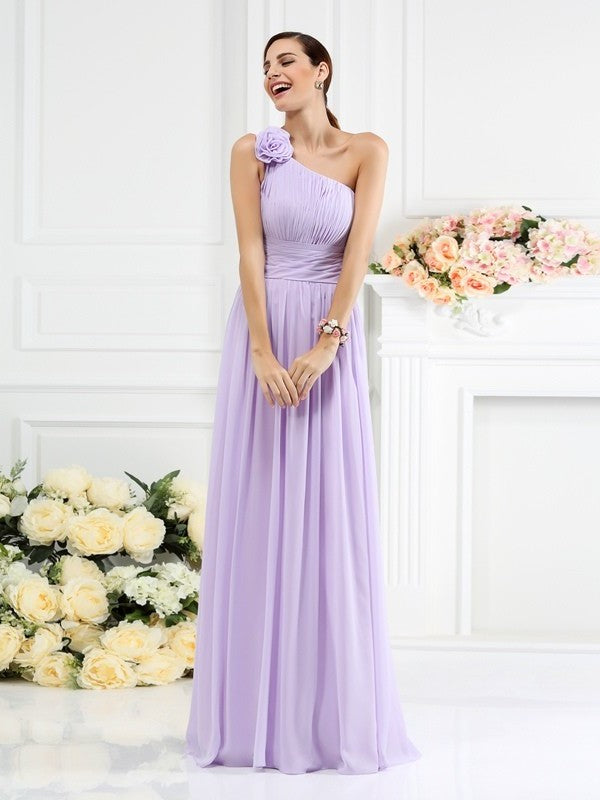 A-Line/Princess Flower Sleeveless One-Shoulder Long Pleats Hand-Made Chiffon Bridesmaid Dresses