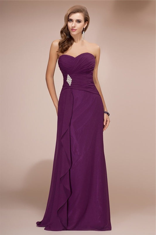 Sheath/Column Long Sweetheart Sleeveless Ruffles Beading Chiffon Bridesmaid Dresses