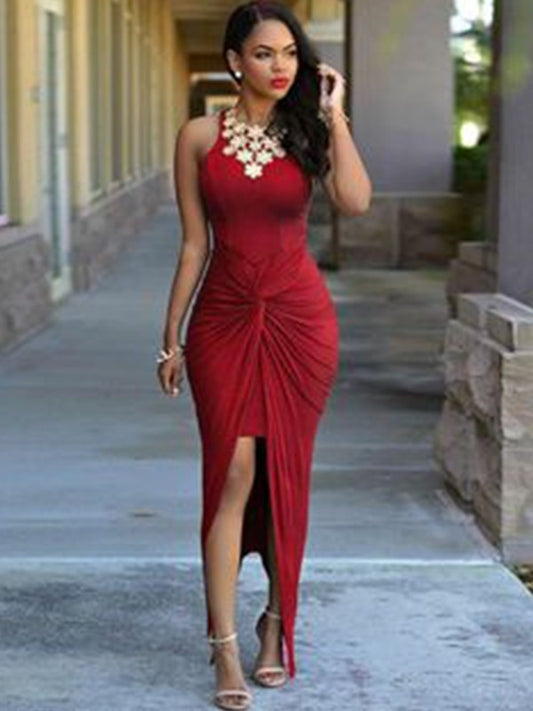 Ankle-Length Elastic Woven Jewel Sheath/Column Satin Sleeveless Beading Asymmetrical Dresses