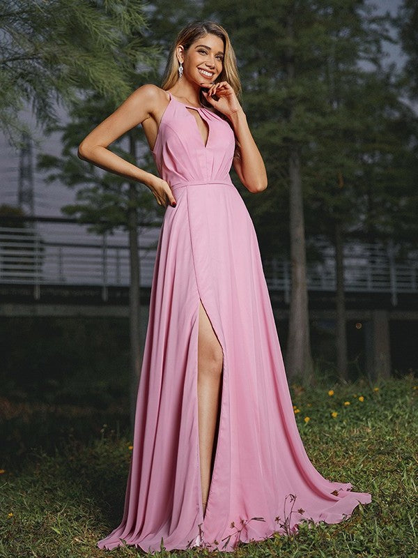 Sweep/Brush Scoop Ruched Chiffon A-Line/Princess Sleeveless Train Bridesmaid Dresses