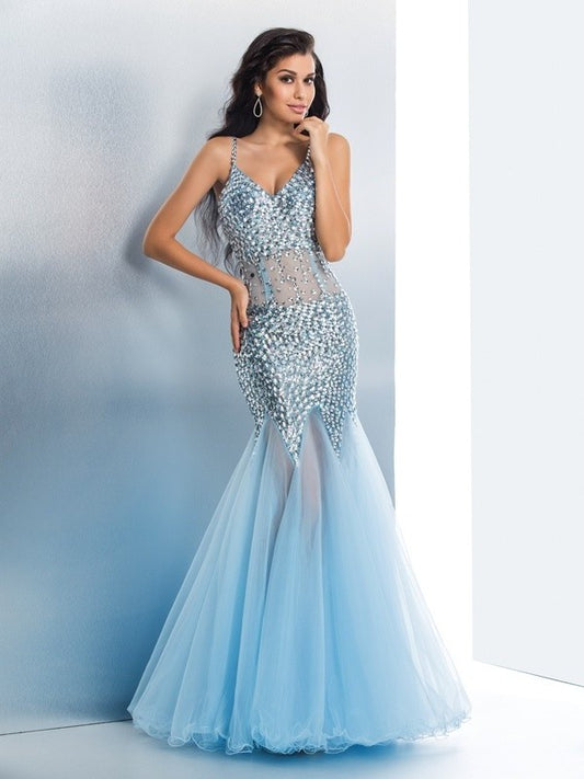 Sequin Sleeveless Trumpet/Mermaid Spaghetti Straps Long Tulle Dresses