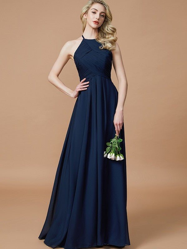 Sleeveless Ruched Floor-Length Halter A-Line/Princess Chiffon Bridesmaid Dresses