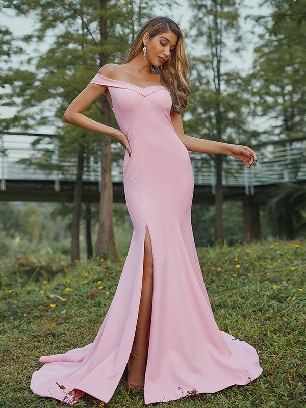 Ruched Sheath/Column Sleeveless Off-the-Shoulder Stretch Crepe Sweep/Brush Train Bridesmaid Dresses