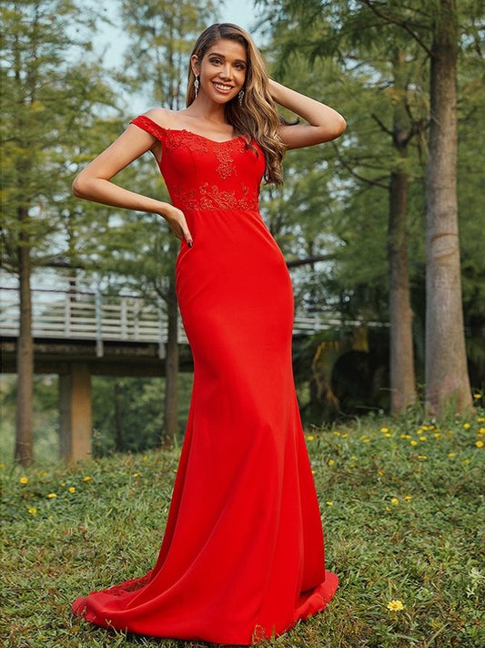 Applique Jersey Sheath/Column Off-the-Shoulder Sleeveless Sweep/Brush Train Bridesmaid Dresses