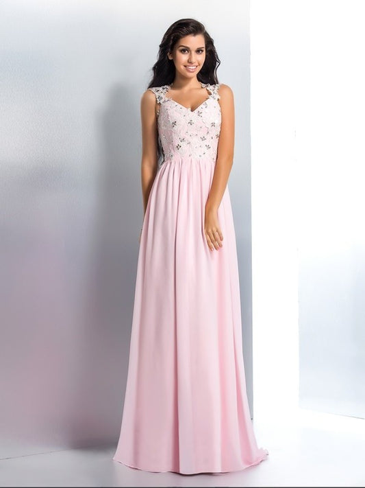 V-neck A-Line/Princess Applique Sleeveless Long Chiffon Dresses