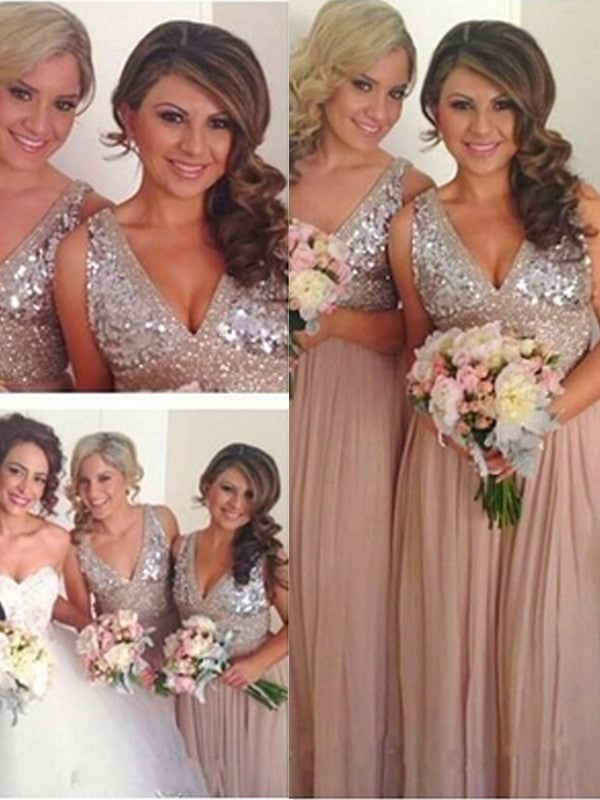 V-neck Sleeveless A-Line/Princess Sequin Floor-Length Chiffon Bridesmaid Dresses