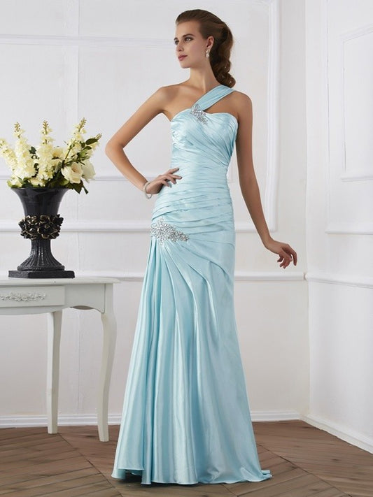 Elastic Ruched Sleeveless Trumpet/Mermaid Long One-Shoulder Woven Satin Dresses