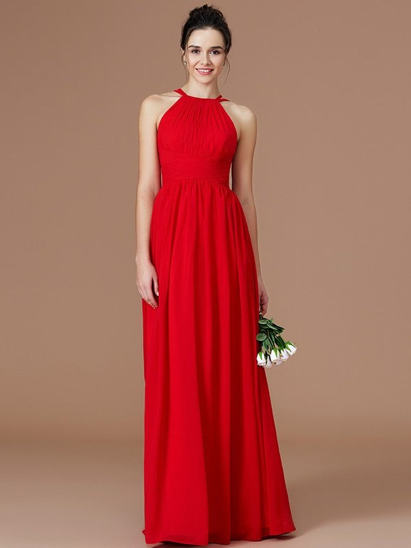 A-Line/Princess Floor-Length Ruched Sleeveless Halter Chiffon Bridesmaid Dresses