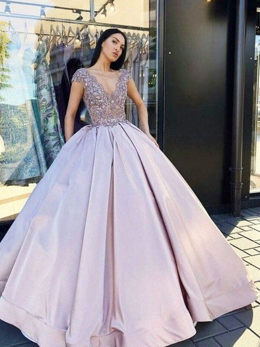 Beading Satin V-neck Ball Gown Short Sleeves Floor-Length Dresses