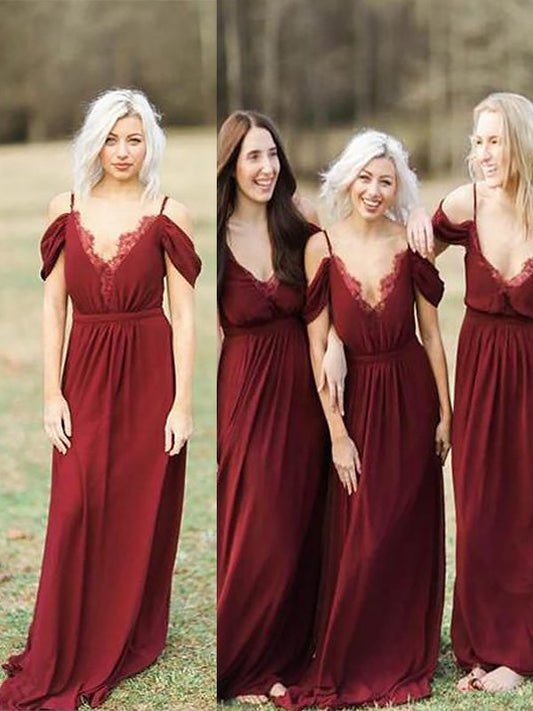 Floor-Length Straps A-Line/Princess Spaghetti Sleeveless Lace Chiffon Bridesmaid Dresses