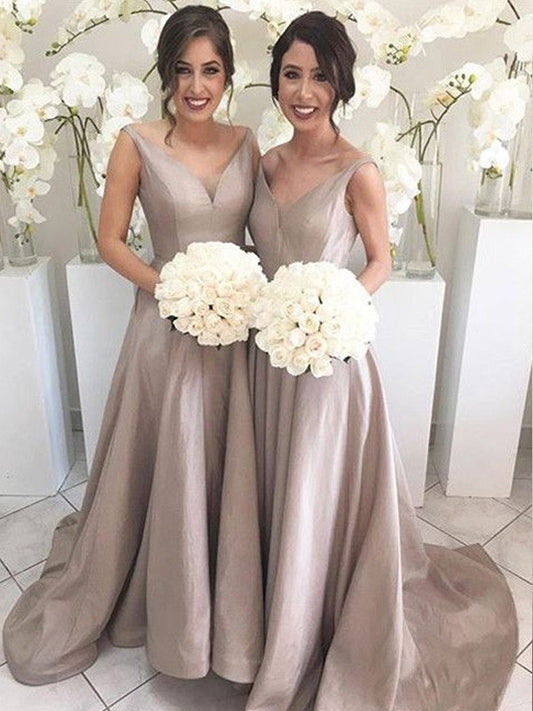 Train V-neck Sweep/Brush Sleeveless A-Line/Princess Taffeta Bridesmaid Dresses