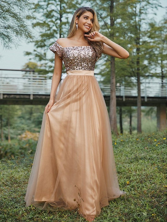 A-Line/Princess Sleeveless Off-the-Shoulder Tulle Sequin Floor-Length Bridesmaid Dresses