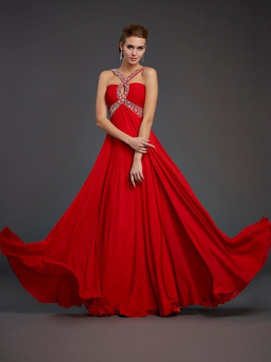 Halter Beading Sleeveless Sheath/Column Sequin Long Chiffon Dresses