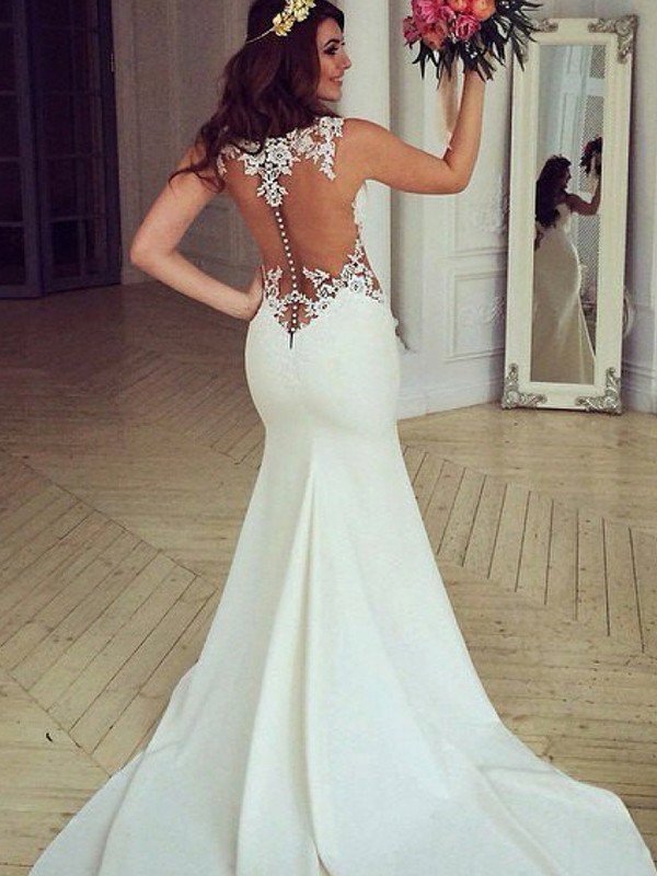 Train Sleeveless Sweep/Brush Applique Scoop Trumpet/Mermaid Lace Wedding Dresses