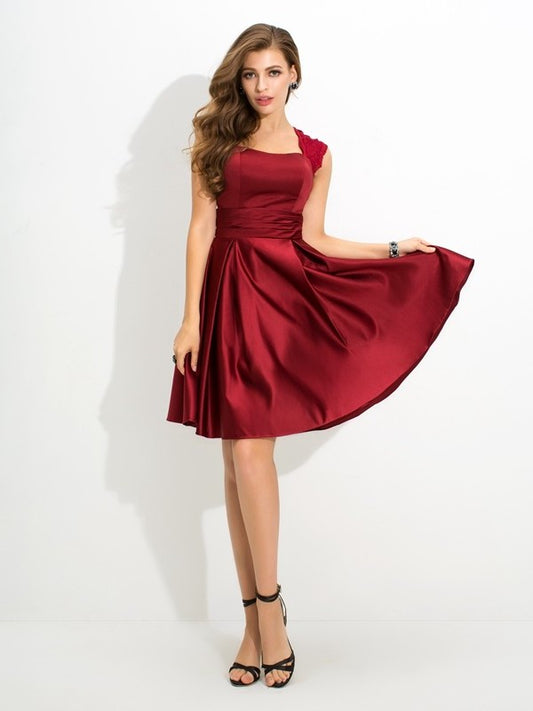 Short Sleeveless A-Line/Princess Straps Pleats Satin Bridesmaid Dresses